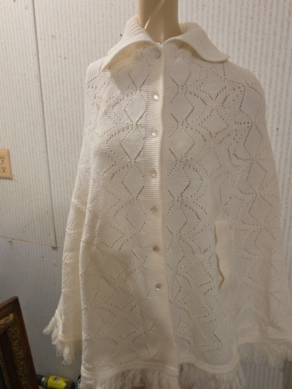 White Button-Front Knit Poncho with Collar